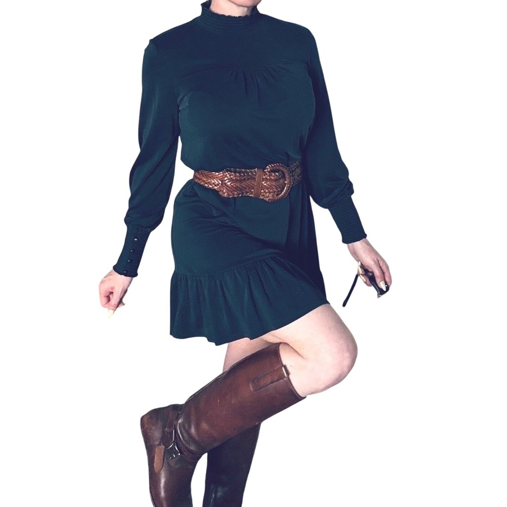 Kensie Women Smocked Mock Neck Long Sleeve Ruffle Hem Mini Dress Size M